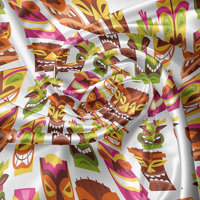 Ambesonne Tiki Bar Valance & Tier Curtain 3 pcs Set, Sixties Retro Inspired Hawaiian Party Happy Tiki Pattern Colorful, Window Treatments for Kitchen Room Decor, 55" x 24", White Brown