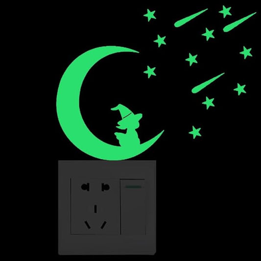 2pcs Luminous Light Switch Decals Glow in The Dark A Child is Sitting on The Moon Looking at The Stars Pattern Wall Stickers Light Switch Decor Art Mural Paste, Green