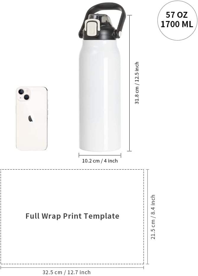 PYD Life Sublimation Water Bottles Vacuum Flasks 57 OZ White with Portable Sippy Up Lid and Straw Large Stainless Steel Travel Tumblers Cups Mugs for Tumbler Heat Press 2 Pack