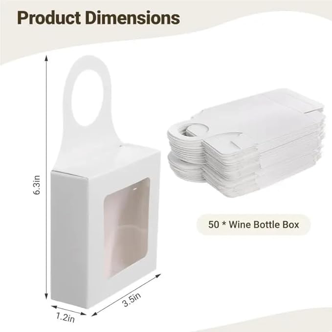 Dudnbt 30 PCS Kraft Paper Wine Bottle Box with Window 3.5 x 3.5 x 1.2 Inches for Gifts Empty Wine Bottles for Decoration Bottle Hanger Favor Box for holding Candy Truffles Chocolate Cookies (White)