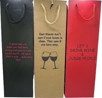 Generic Set of 3 Colorful Wine Gift Bags for Wine Bottles with Varying Sayings- Perfect Wine Tote for Travel or as a Wine Gift Box- (A good man, Best Friends, Judge People), Standard