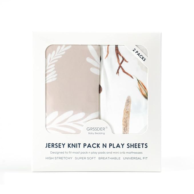 GRSSDER Stretchy Ultra Soft Jersey Knit Fitted Pack n Play Sheets Set 2 Pack, Neutral Portable/Mini Cribs Sheets, Fit Playards Mattress Pads Safe and Snug, Stylish Pretty Flora for Baby, Beige