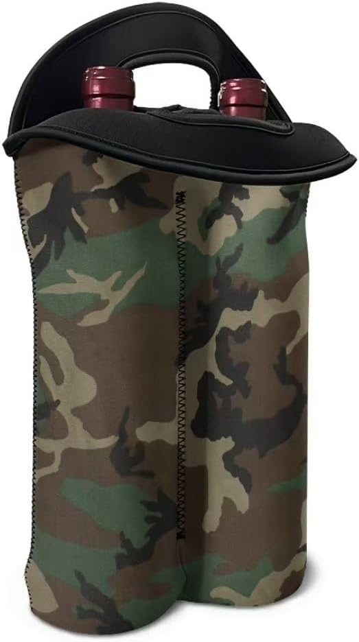 doginthehole Camouflage Wine Carrier Tote Bag 2 Bottle Insulated Neoprene Wine/Water Bottle Holder Green Camo Print Champagne Carrier Bag Portable Wine Carrying Bag Gift for Women Men Wine Lover