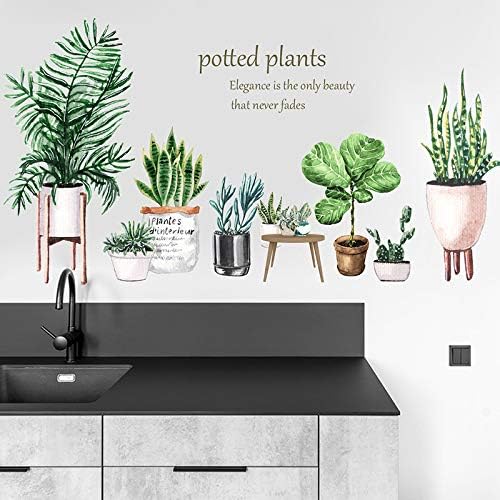 Green Plants Potted Wall Decals Tropical Plants Green Leaves Wall Stickers, DIY Vinyl Nature Wallpaper, for Living Room Background Wall Decoration Kids Bedroom Kitchen Office Girl Room