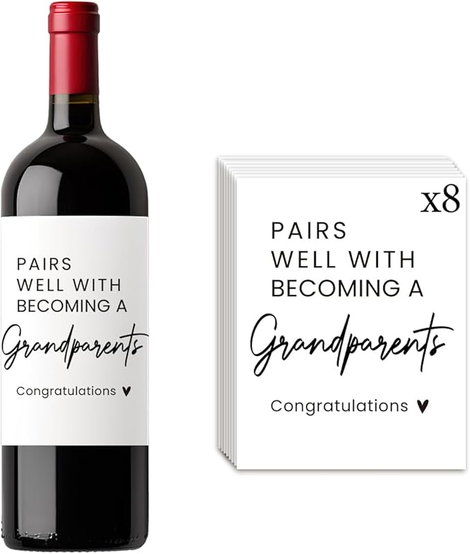8 Pcs Grandparents Pregnancy Baby Announcement Wine Labels, Funny Pregnancy Baby Announcement Gifts for New Grandparents, Pairs Well with Becoming A Grandparents Wine Bottle Stickers Labels