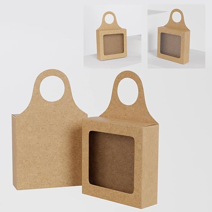 Dudnbt 30 PCS Kraft Paper Wine Bottle Box with Window 3.5 x 3.5 x 1.2 Inches for Gifts Empty Wine Bottles for Decoration Bottle Hanger Favor Box for holding Candy Truffles Chocolate Cookies (Cowhide)