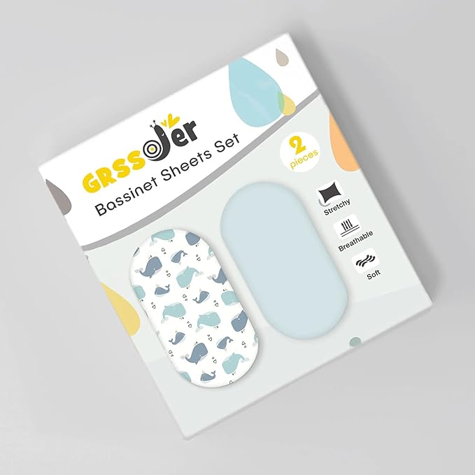 Stretchy Ultra Soft Fitted Bassinet Sheet Set 2 Pack, Universal Fit for Bassinets Baby Cradle Moses Basket Oval Rectangle Pad/Mattress, Lovely Whale Bassinet Sheets