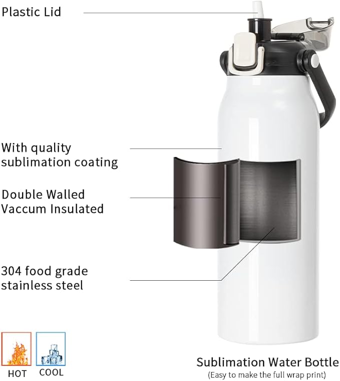 PYD Life Sublimation Water Bottles Vacuum Flasks 57 OZ White with Portable Sippy Up Lid and Straw Large Stainless Steel Travel Tumblers Cups Mugs for Tumbler Heat Press 2 Pack