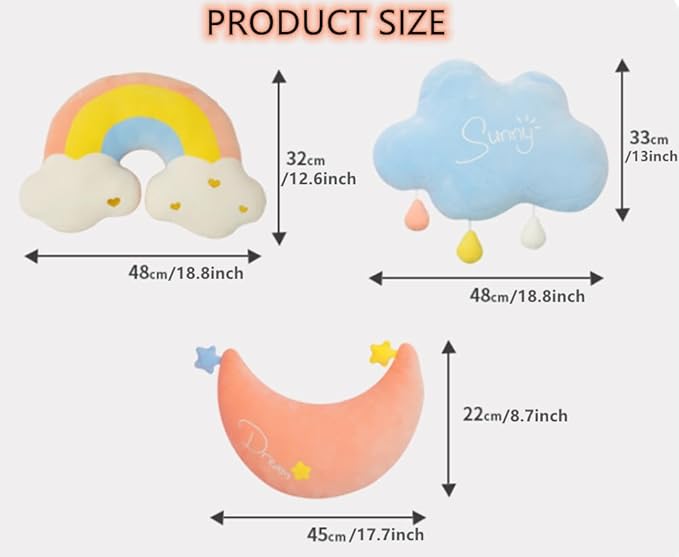 Moon Rainbow Cloud Pillow Cushion, Soft Plush Cloud Shaped Pillow Stuffed Rainbow and Moon Nursery Decor,Bedside Sofa Sleeping Pillow, Kids Cute Candy Color Cushion (Moon)