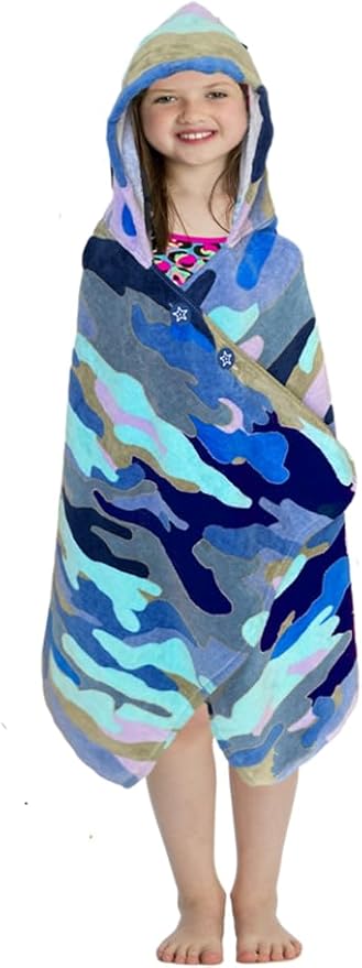 Kids Hooded Beach Towel Swimsuit Cover-up Wrap with Buttons (Blue Camo, One Size)