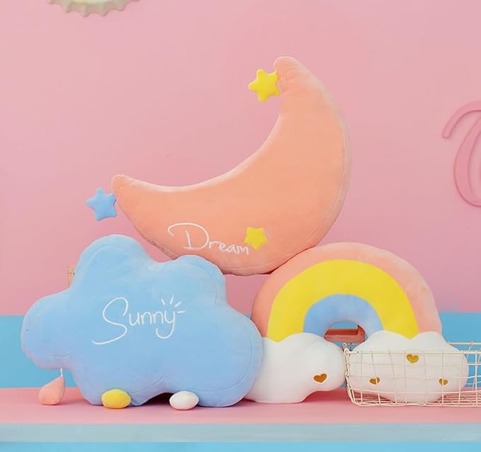 Moon Rainbow Cloud Pillow Cushion, Soft Plush Cloud Shaped Pillow Stuffed Rainbow and Moon Nursery Decor,Bedside Sofa Sleeping Pillow, Kids Cute Candy Color Cushion (Moon)