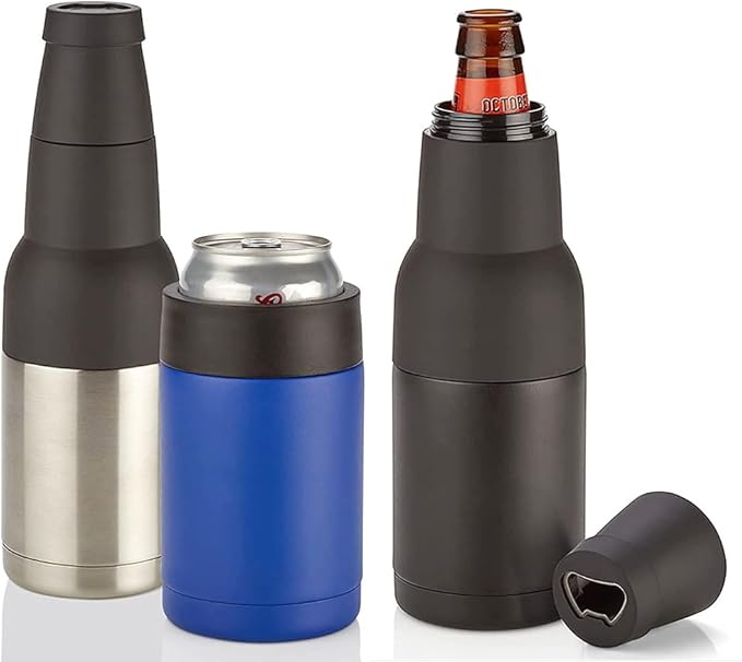 3 in 1 Beer Bottle and Can Cooler, Vacuum Insulated Double Walled Stainless Steel Cooler with Beer Opener, 12 oz Slim Can Insulator Holder (Silver)