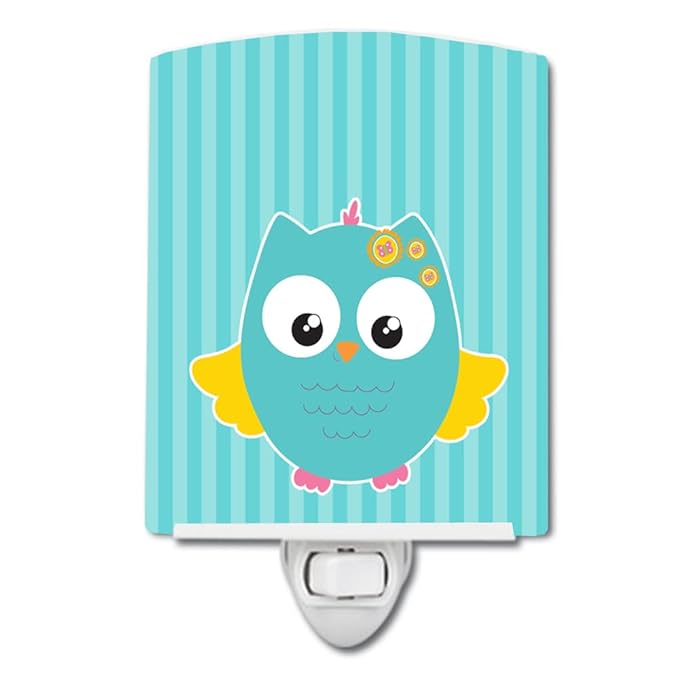 Caroline's Treasures BB9116CNL Owl and Blue Stripes Ceramic Night Light Compact, UL-Certified, Ideal for Bedroom, Bathroom, Nursery, Hallway, Kitchen, 6x4x3, Multicolor