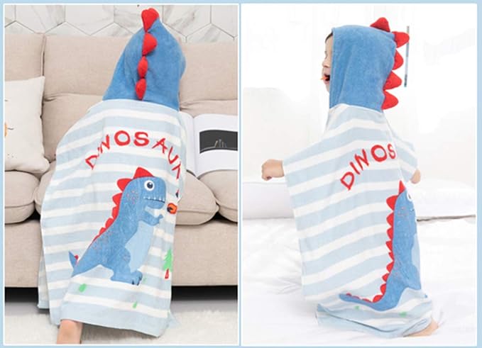 TONWHAR Kids Bath/Pool/Beach Hooded Poncho Towel-Cartoon Animal Pattern Cotton Beach Towel for Baby and Kids (Dinosaur, 1-4 Years/Height:33.4"-43.3")