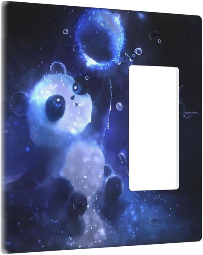 Cute Baby Panda Light Switch Cover Wall Plate Decorative 2 Gang Combination Blank/Rocker Outlet Covers Blue for Farmhouses Kitchens Bathrooms 4.5 x 4.6 in