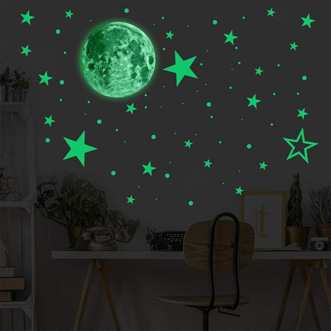 Glow in The Dark Moon and Stars Wall Stickers|435 Pcs Luminous Mural Decals for Ceiling and Wall| Perfect for Nursery Classroom Playroom Bedroom Living Room Decoration (Peel and Stick)