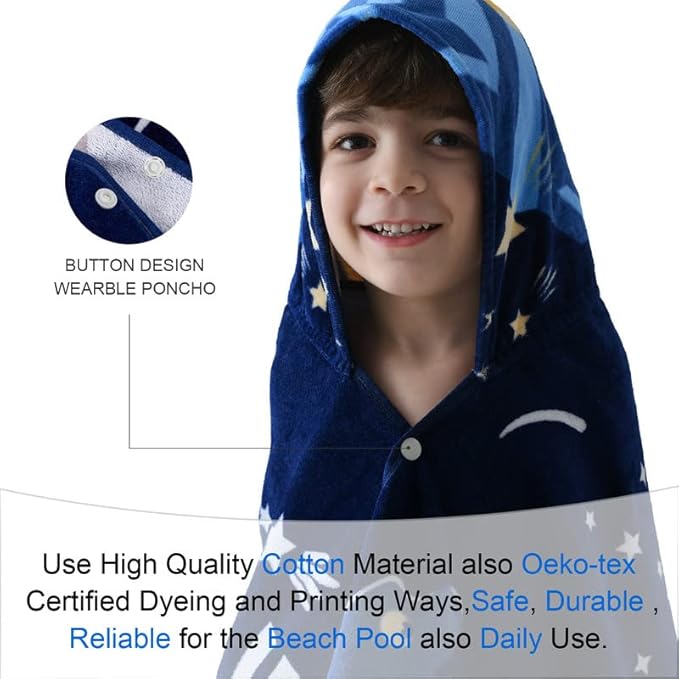 VOOVA & MOVAS Toddler Bath Towel with Hood for Kids Age 3-10, Soft | Thick | Absorbent Cotton Wrap Blanket, Beach, Pool, Swim | Bath Use, Dinosaur Under The UFO