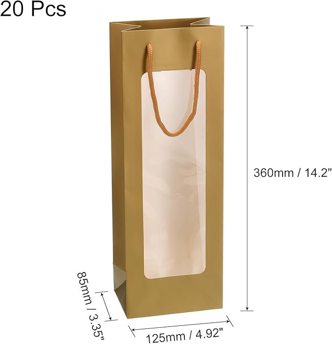 uxcell Wine Bags, 20pcs 4.92"x3.35"x14.2" Wine Gift Bags with Rope Handles, Paper Wine Tote Bag with Clear Window for Wedding Birthday Christmas Party Supplies, Gold