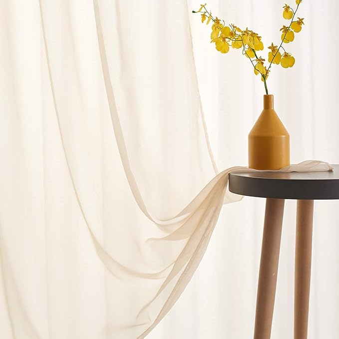 Beige Sheer Curtains 84 Inches long 2 Panels Translucent Light Filtering Rod Pocket Beige Sheers Voile Curtain Panels for Bedroom Living Room 52x84 Inch Length