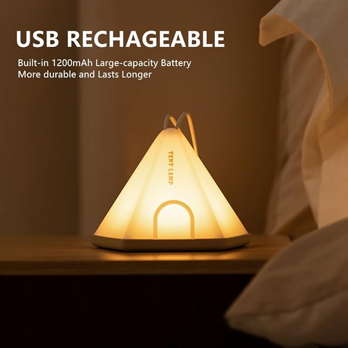 Portable Tent Night Light, with Lanyard for Easy Hanging, USB Rechargeable LED Desk Lamp with 6 Modes Adjustable, Camping Mini Nightlight, Bedroom Bedside Lamp with Timing Function