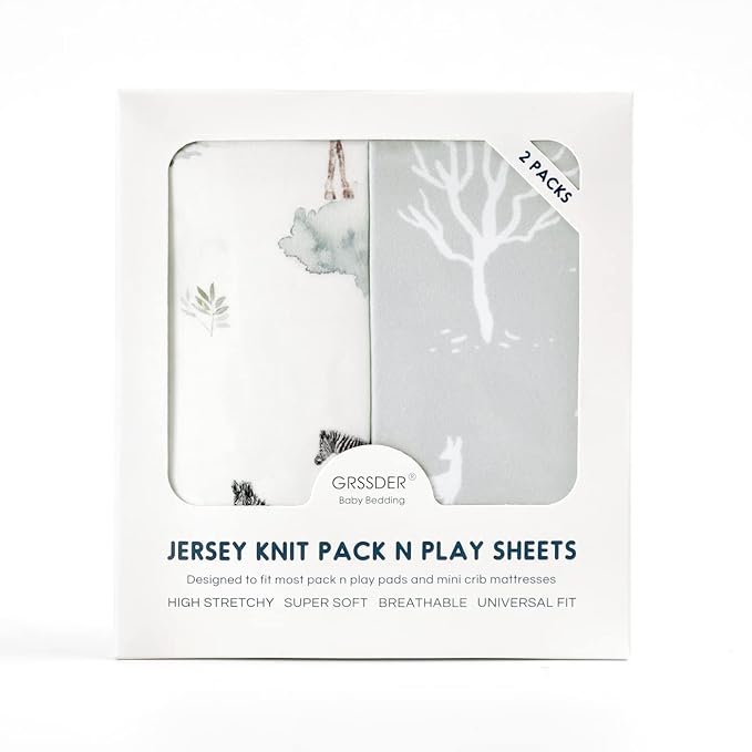 Stretch Ultra Soft Jersey Knit Fitted Pack n Play Sheets Set 2 Pack, Portable/Mini Crib Sheets for Boys and Girls, Pretty African Savannah Animals Pattern