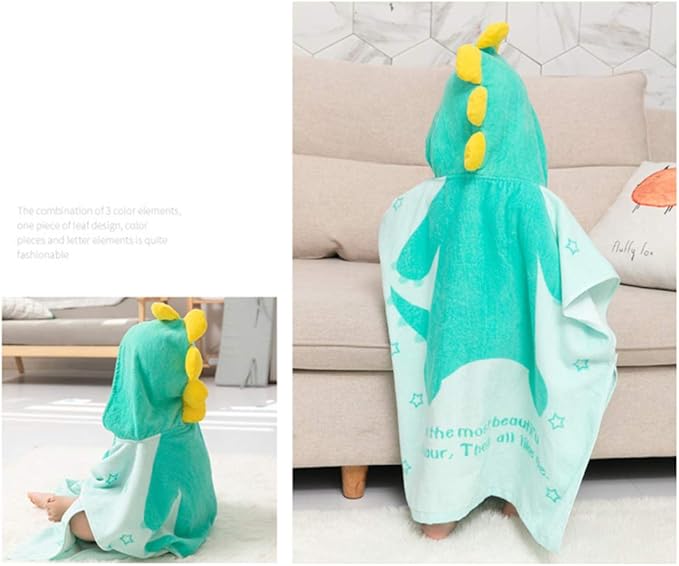 TONWHAR Kids Bath/Pool/Beach Hooded Poncho Towel-Cartoon Animal Pattern Cotton Beach Towel for Baby and Kids (Light Green Dinosaur, 1-4 Years/Height:33.4"-43.3")