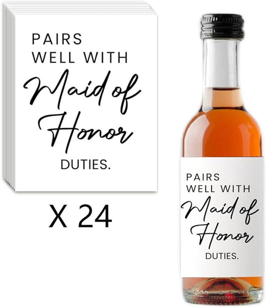 24Pcs Mini Maid of Honor Wine Labels, Bridesmaid Proposal Gifts, Wedding Engagement Gift for Maid of Honor Bridesmaid Wine Label, Pairs Well with Maid of Honor Duties