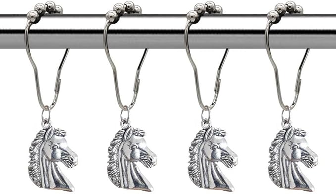 Horse Shower Curtain Hooks for Bathroom, Rustproof Stainless Steel Decorative Shower Curtain Rings with Zinc Alloy Horse Head Shaped Pendant Western Bathroom Decor 12PCS