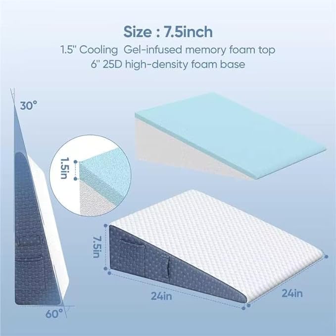 Wedge Pillow for Sleep Apnea, 2024 New 7.5'' Bed Wedge Pillow, Acid Reflux, Heartburn, GERD, Neck Pain, Cooling Memory Foam Top, Removable Washable Cover Incline Pillow for Improved Sleep