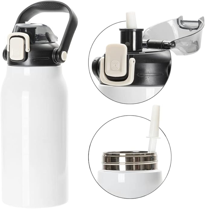 PYD Life Sublimation Water Bottles Vacuum Flasks 44 OZ White with Portable Sippy Up Lid and Straw Large Stainless Steel Travel Tumblers Cups Mugs for Tumbler Heat Press 2 Pack