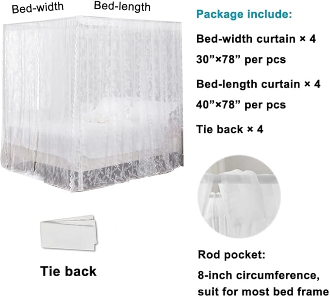 Lace Canopy Bed Curtain Queen, Soft Bed Canopy Scarf for Girls Adults (Queen, White)