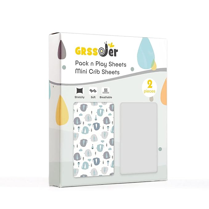 GRSSDER Stretchy Ultra Soft Jersey Knit Fitted Pack n Play Sheets Set 2 Pack, Portable/Mini Cribs Playards Sheets with Deep Pocket, Cute Elephant for Girls and Boys