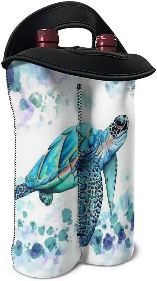 doginthehole Sea Turtle Wine Carrier Tote Bag 2 Bottle Insulated Neoprene Wine/Water Bottle Holder for Travel with Handle, Aqua Animal Print Wine Bags Bottle Protective Carriers Beer Bottle Sleeve