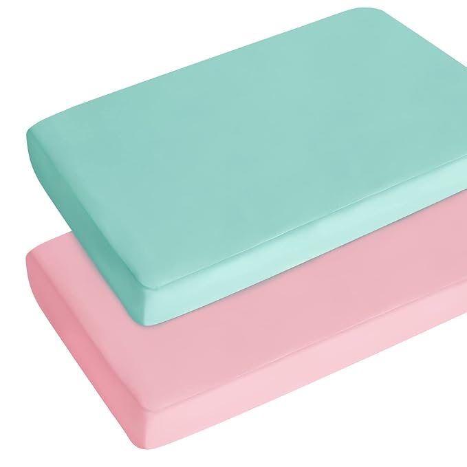Mini Crib Sheets Girl Fitted Pack and Play Sheets for Baby Girls Boys 2 Pack (27"x 39"x 5"), Portable Playard/Playpen Sheets, Ultra Soft Microfiber Pack and Play Sheets, Blue and Pink