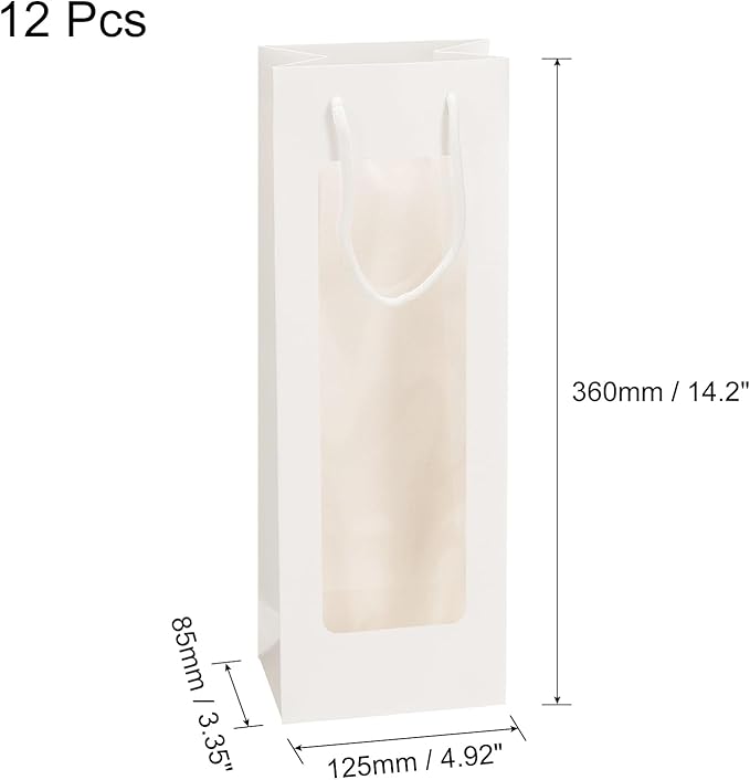 uxcell Wine Bags, 12pcs 4.92"x3.35"x14.2" Wine Gift Bags with Rope Handles, Paper Wine Tote Bag with Clear Window for Wedding Birthday Christmas Party Supplies, White