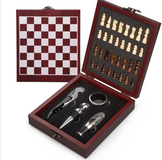Wine Bottle Opener Tool Set – Chess Board Game – Wooden Box Wine Set – Luxury Wine Accessory Set – Stylish Gift Box – Gift – Gift Idea – Gift for Man – Gift for Friend – Birthday Gift, Brown
