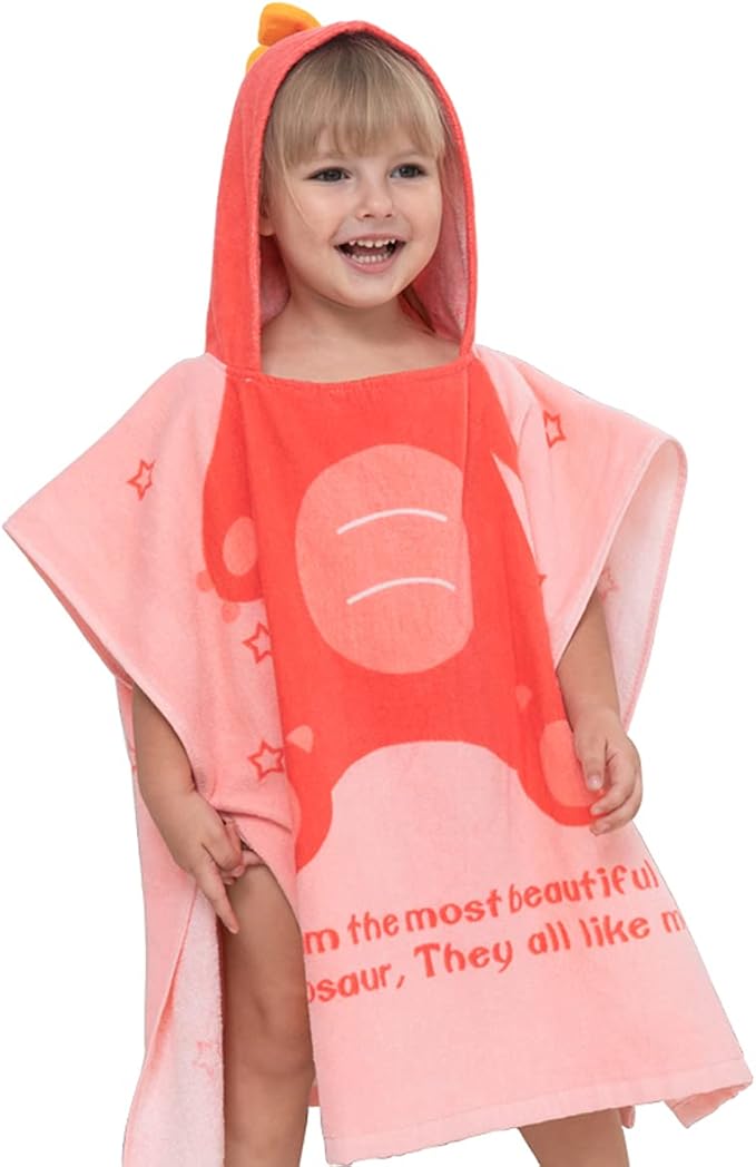 TONWHAR Kids Bath/Pool/Beach Hooded Poncho Towel-Cartoon Animal Pattern Cotton Beach Towel for Baby and Kids (Pink Dinosaur, 5-9 Years/Height:43.3"-51.2")
