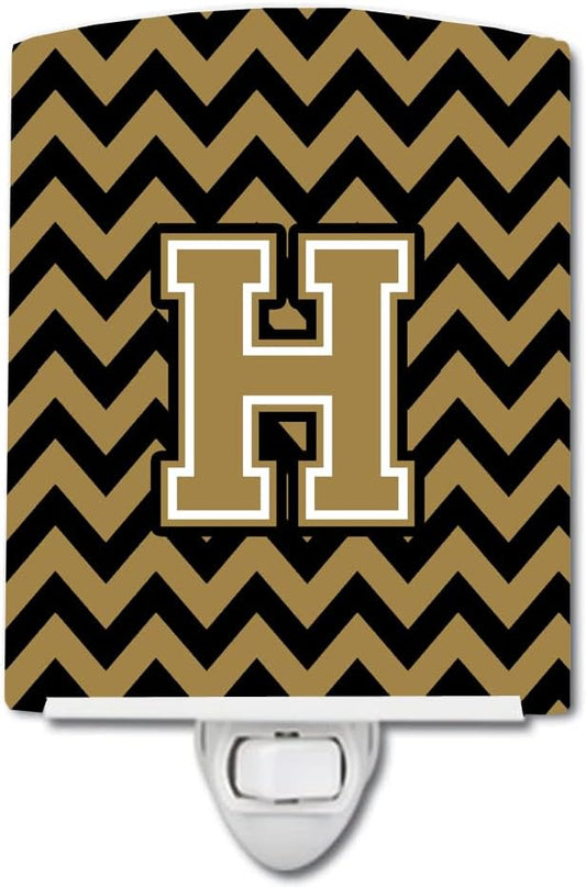 Caroline's Treasures CJ1050-HCNL Letter H Chevron Black and Gold Ceramic Night Light Compact, UL-Certified, Ideal for Bedroom, Bathroom, Nursery, Hallway, Kitchen, 6x4x3, Multicolor