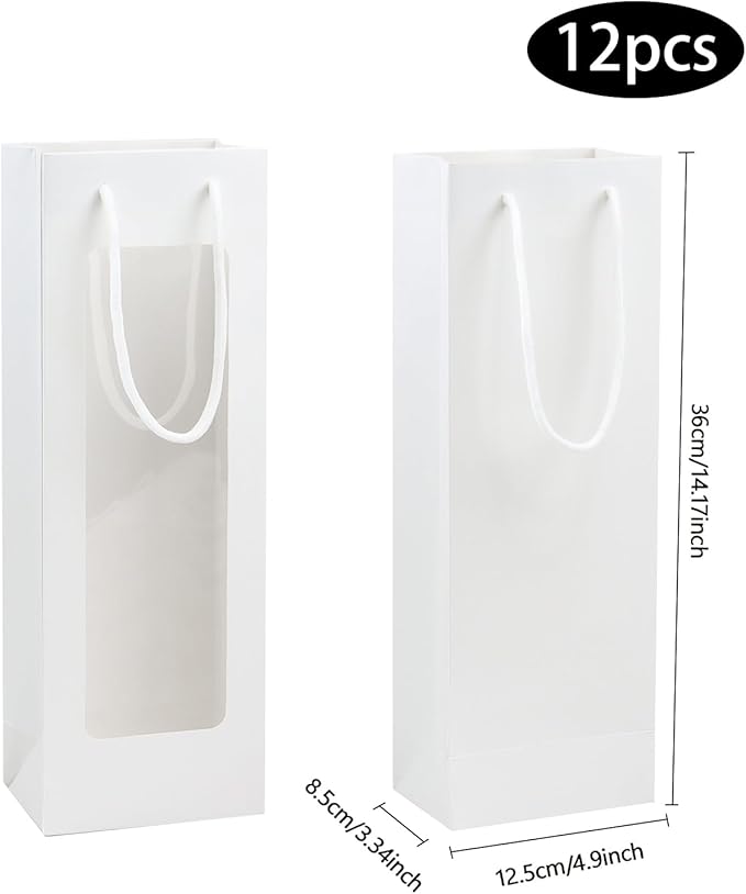 Ssyuysto 12 Pcs White Wine Gift Bags With Handle for Wine Bottles Gifts,4.9"x3.34"x14.1" Sturdy Kraft Paper Wine Bags With Window for Wedding Anniversary Birthday Party Christmas Thanksgiving
