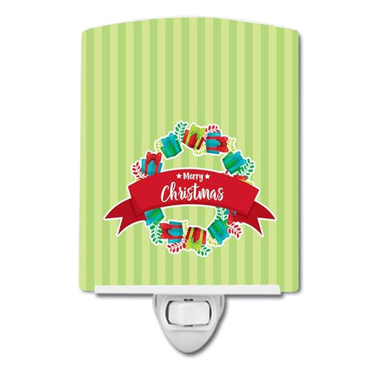 Caroline's Treasures BB6977CNL Christmas Wreath Presents Green Ceramic Night Light Compact, UL-Certified, Ideal for Bedroom, Bathroom, Nursery, Hallway, Kitchen, 6x4x3, Multicolor