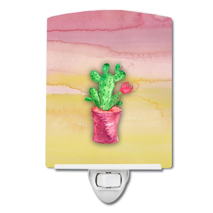 Caroline's Treasures BB7361CNL Flowering Cactus Watercolor Ceramic Night Light Compact, UL-Certified, Ideal for Bedroom, Bathroom, Nursery, Hallway, Kitchen, 6x4x3, Multicolor