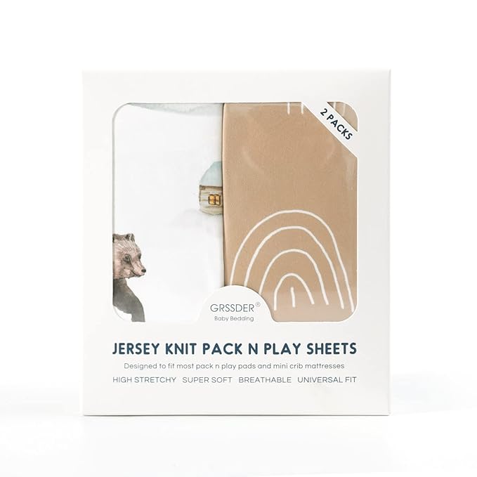 GRSSDER Stretchy Ultra Soft Jersey Knit Fitted Pack n Play Sheets Set 2 Pack, Neutral Portable/Mini Cribs Sheets, Fit Playpen Mattress Pads Safe and Snug, Jungle Bear/Rainbow for Baby