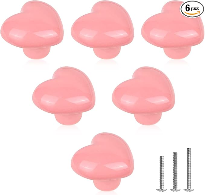 Cute Glossy Dresser Knobs Pink Ceramic Drawer Door Knobs Love Heart Shape Cabinet Cupboard Pull Handles Lovely Hardware Closet Knobs for Kids Girls Children's Bedroom (Bright Pink-6pack)