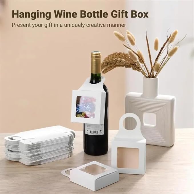 Dudnbt 30 PCS Kraft Paper Wine Bottle Box with Window 3.5 x 3.5 x 1.2 Inches for Gifts Empty Wine Bottles for Decoration Bottle Hanger Favor Box for holding Candy Truffles Chocolate Cookies (White)