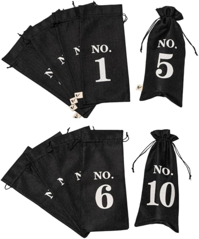 VINOPIE Black Blind Tasting Wine Bags Cover Pouch Kit Tasting Sleeve With Numbering 1to10 Mark Printed On It (10pcs) Hessian Cloth Glass Bottle Gift Bags for Christmas Wedding Party Decoration