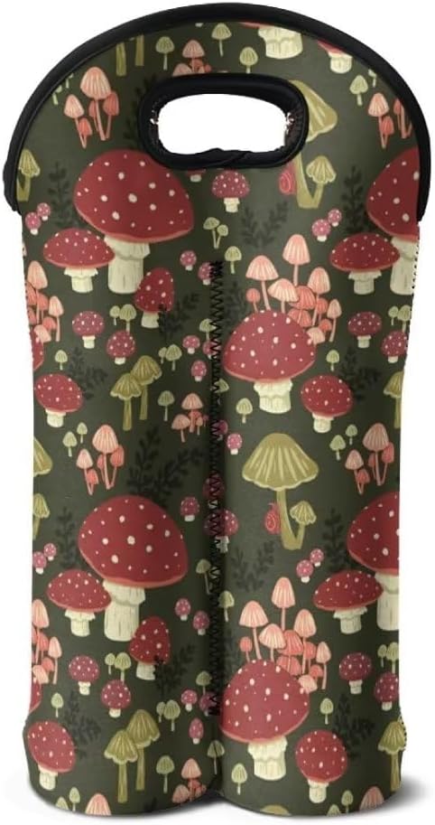 doginthehole Mushroom Neoprene Wine Tote Bags for 2 Wine Bottle, Portable Travel Carrying Case for Champagne/Water Bottle/Beer/Drinks Carriers Bag, 750 ML Wine Bottle Insulated Sleeve