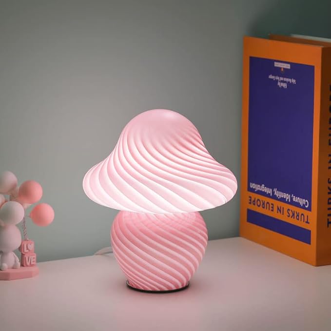 Mushroom Lamp, Small Pink Table Lamp with Striped Glass, Cute Little Swirl Nightstand Lamp for Bedroom, Bedside, Living Room, Gift for Girls Women Birthday Christmas Thanksgiving Day