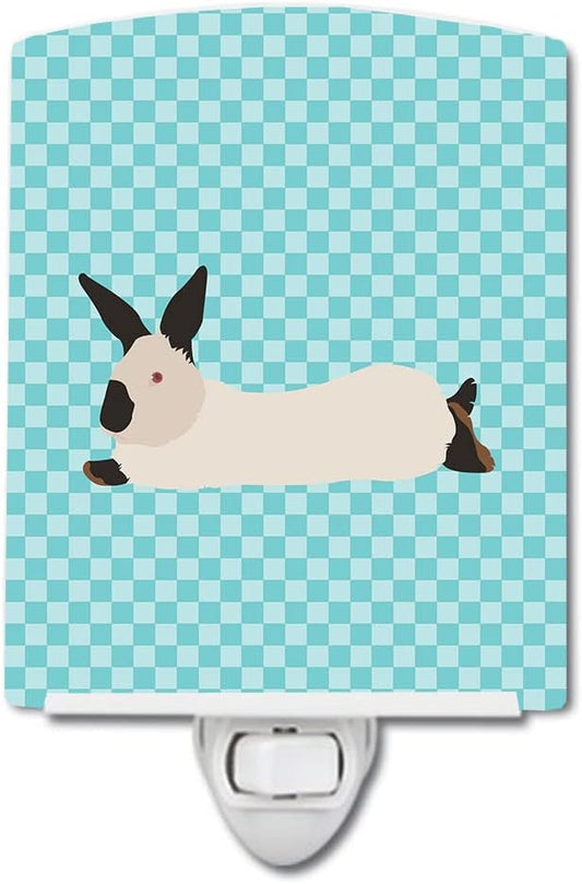 Caroline's Treasures BB8141CNL California White Rabbit Blue Check Ceramic Night Light Compact, UL-Certified, Ideal for Bedroom, Bathroom, Nursery, Hallway, Kitchen, 6x4x3, Multicolor