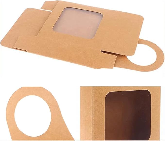 Dudnbt 30 PCS Kraft Paper Wine Bottle Box with Window 3.5 x 3.5 x 1.2 Inches for Gifts Empty Wine Bottles for Decoration Bottle Hanger Favor Box for holding Candy Truffles Chocolate Cookies (Cowhide)