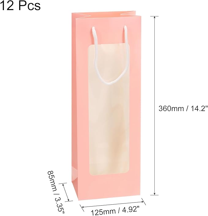 uxcell Wine Bags, 12pcs 4.92"x3.35"x14.2" Wine Gift Bags with Rope Handles, Paper Wine Tote Bag with Clear Window for Wedding Birthday Christmas Party Supplies, Pink